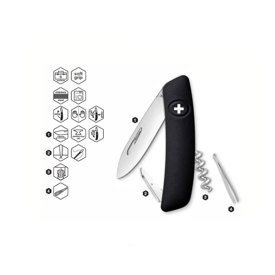 Coltello multiuso Swiza D01 nero con 6 funzioni KNI.0010.1010