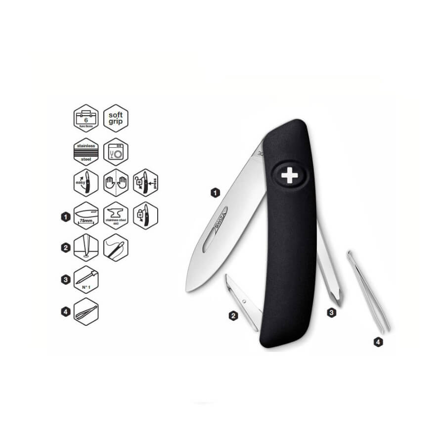 Navaja multiusos Swiza D02 negra con 6 funciones KNI.0020.1010