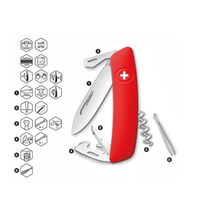 Swiza D03 red multipurpose knife with 11 functions