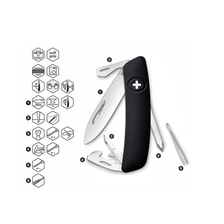 Faca multiuso preta Swiza D04 com 11 funções KNI.0040.1010