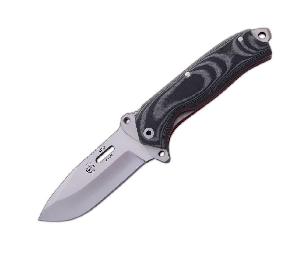 SV3 JV pocket knife with black micarta handle and leather sheath