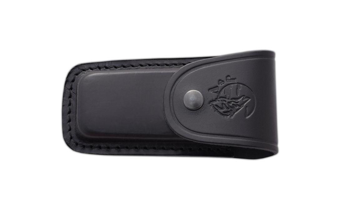 SV3 JV pocket knife with black micarta handle and leather sheath