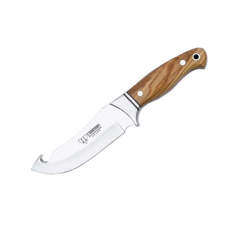 Cuchillo de desollar con puño de madera de olivo, hoja de acero MoVa de 13 cm. Funda de cuero marrón.