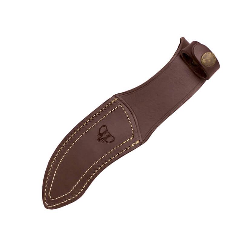 Cuchillo de desollar con puño de madera de olivo, hoja de acero MoVa de 13 cm. Funda de cuero marrón.