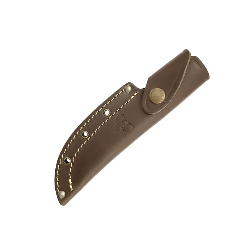 Faca Bushcraft com lâmina de aço MoVa 11 cm. Alça em micarta marrom e bainha de couro.