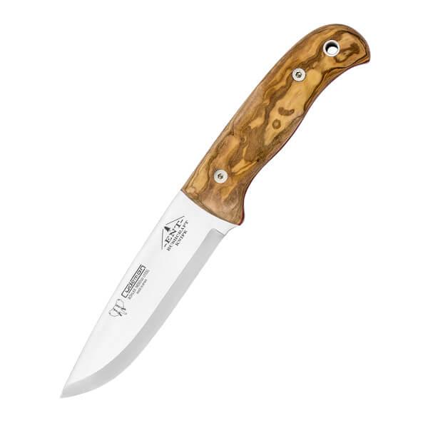 Coltello Bushcraft ENT Cudeman con manico in legno d'ulivo e fodero multiposizione con kit completo