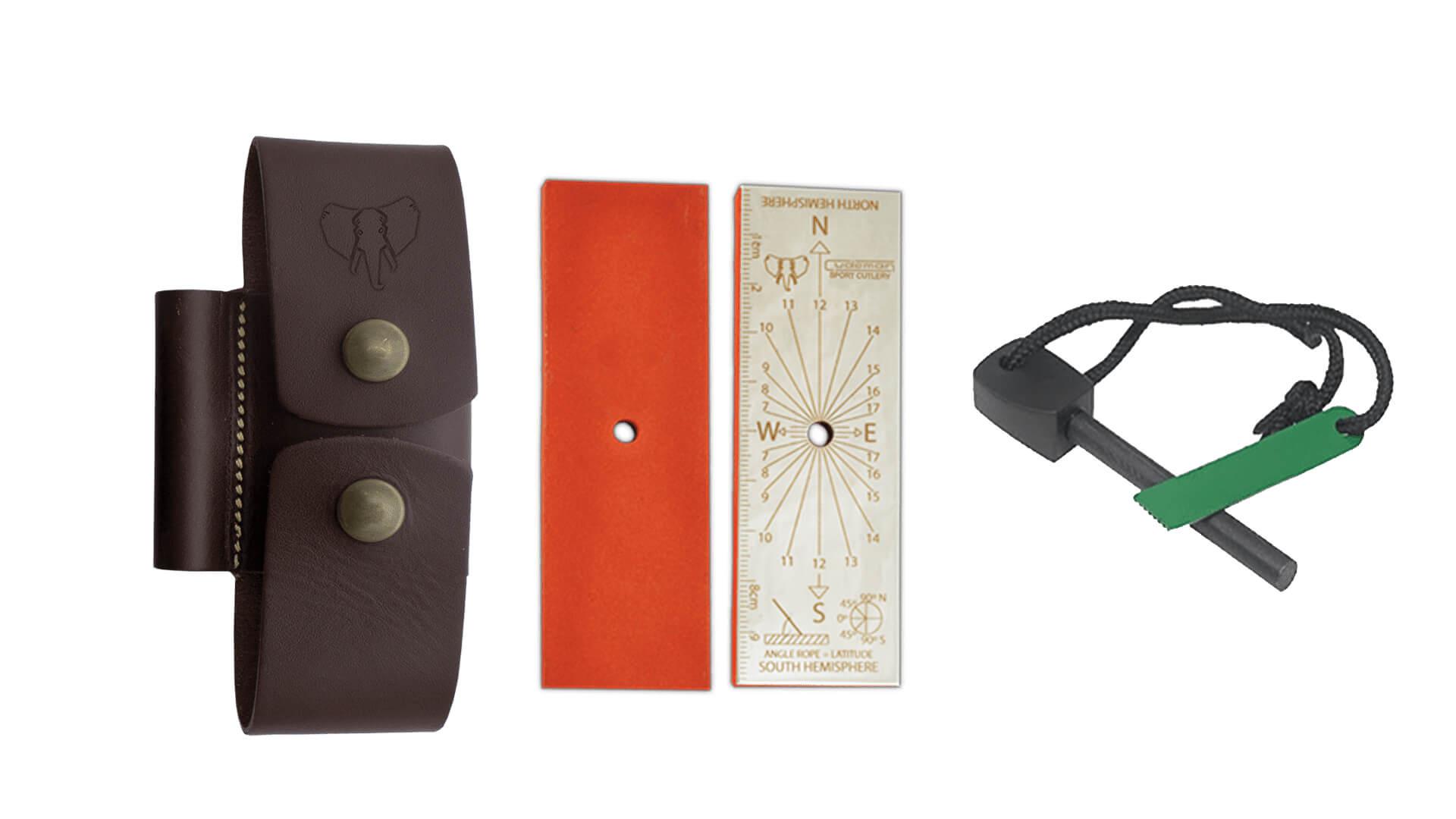 Coltello Bushcraft ENT Cudeman con manico in legno d'ulivo e fodero multiposizione con kit completo