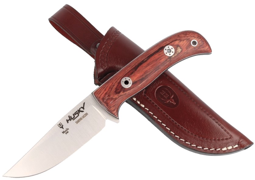 Cuchillo de caza Muela Husky con hoja de acero Sandvik 14C28N y mango de triple fusion de micartas y madera prensada