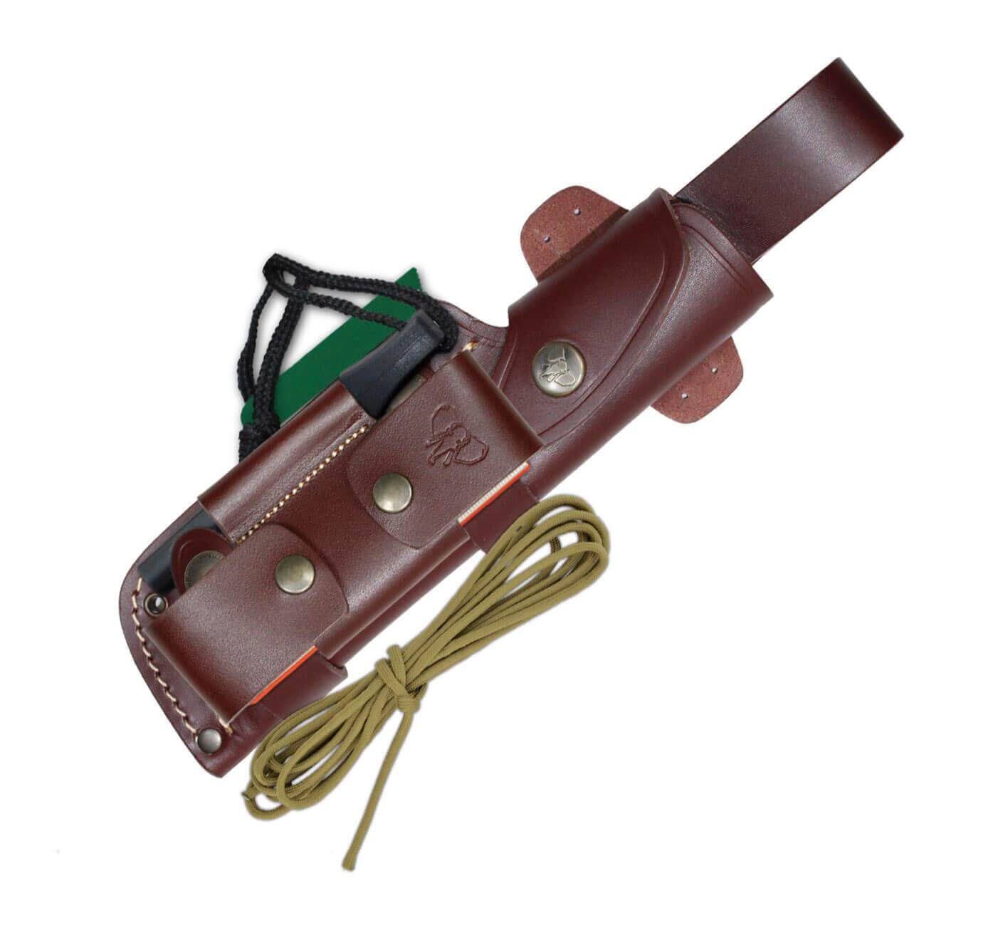 Faca Cudeman MT5. Cabo em nogueira polida. Aço Böhler N-695. Estojo de couro. Kit completo