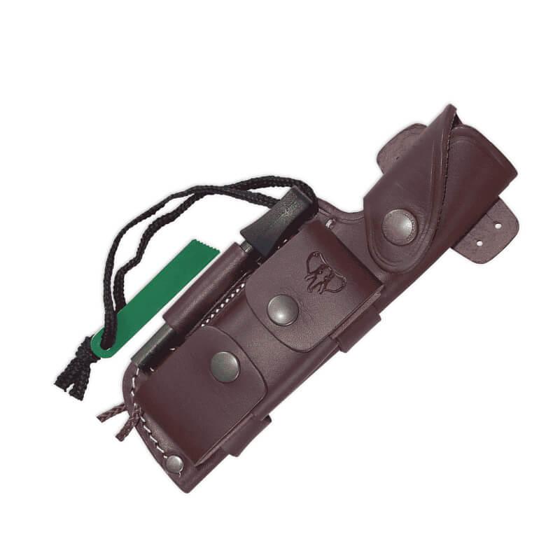 Cuchillo Bushcraft hoja de acero Böhler N695, Cachas de madera de nogal. Con funda de cuero con kit completo.