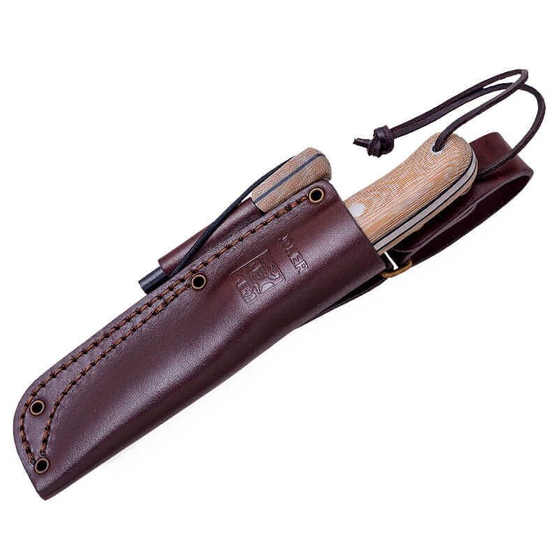 Joker BS9 Trampero Bushcraftmesser mit beigem Micarta-Griff und 10 cm Klinge mit Feuerstein