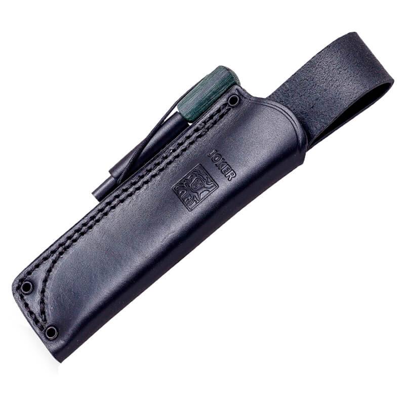 Cuchillo bushcraft Joker BS9 Ursus con mango de micarta verde y hoja de Böhler N695 con pedernal