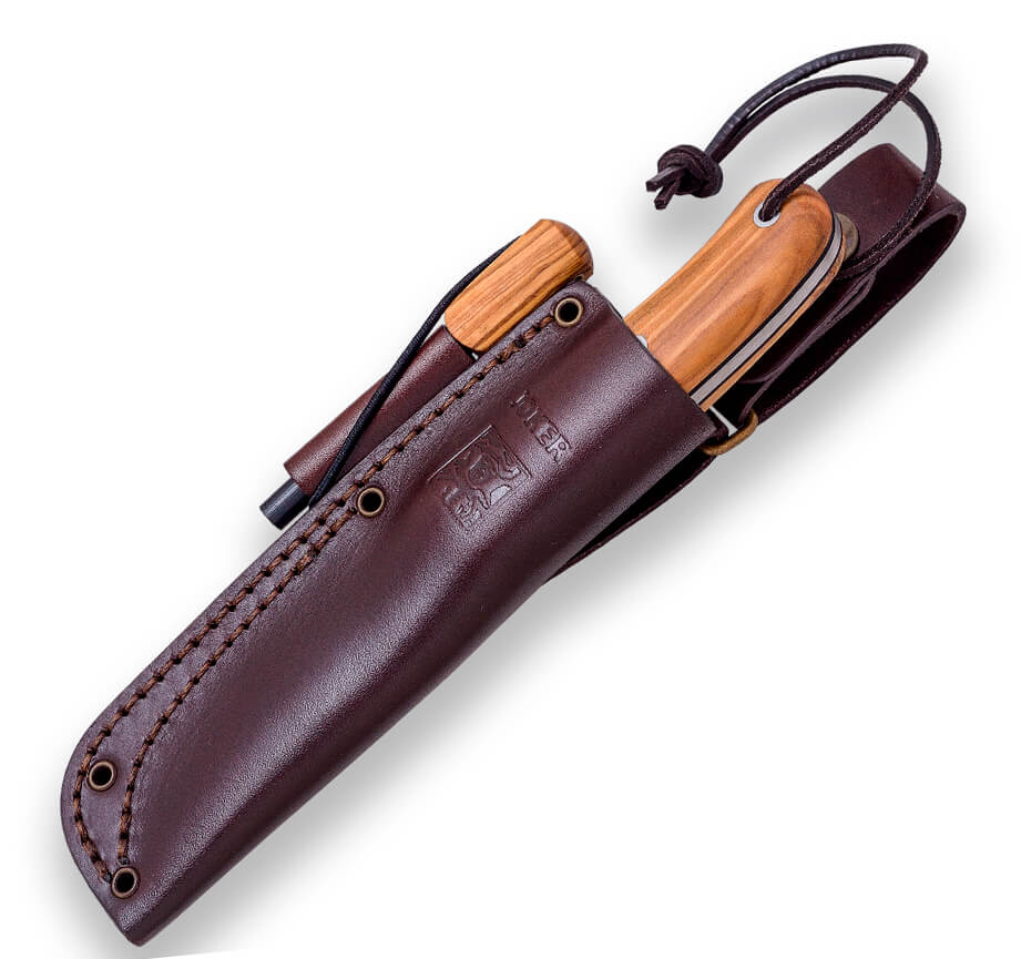 Joker BS9 Trapper Bushcraftmesser mit Griff aus Olivenholz und 10 cm Klinge mit Feuerstein
