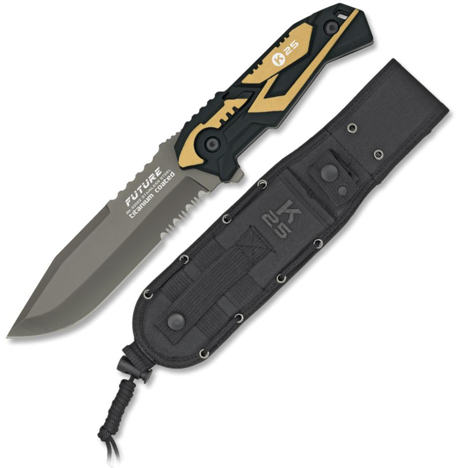 Cuchillo táctico K25 Future con mango de aluminio de color amaril...