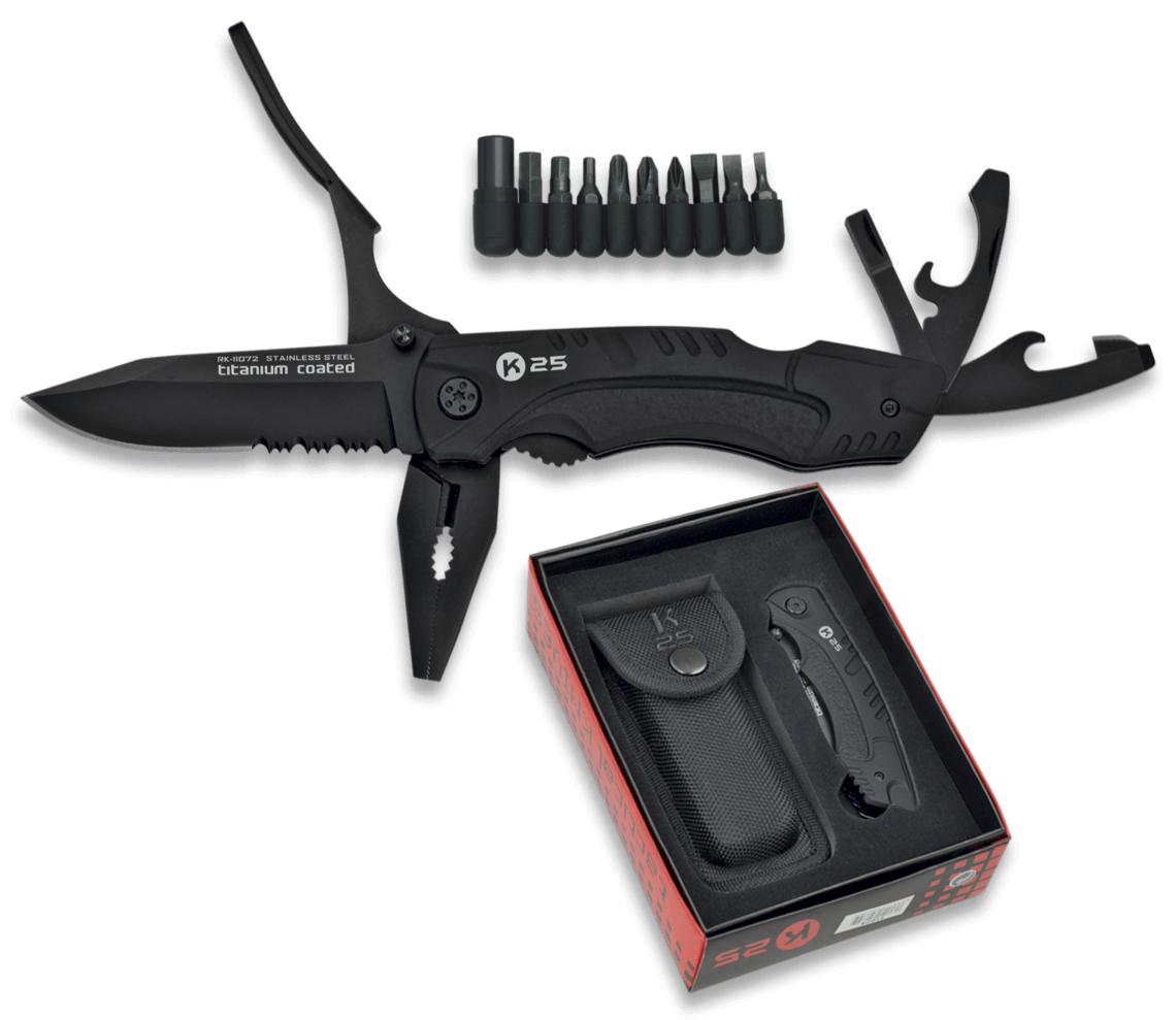 Navaja multiusos táctica K25 de 17 funciones, mango de aluminio e...