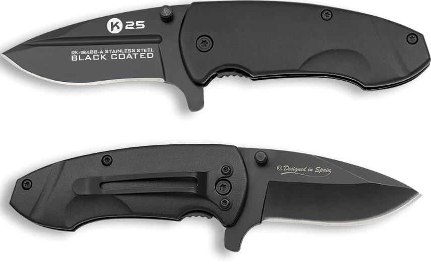 Navaja K25 con clip, hoja de 6,5 cm y mango de aluminio negro