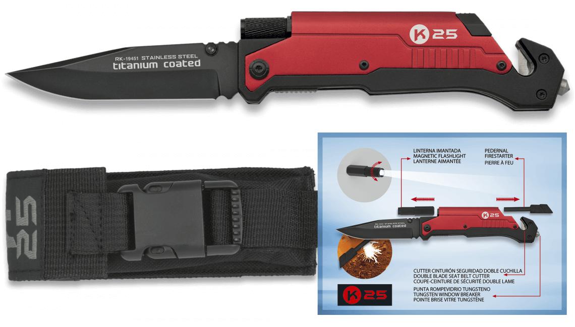 Navaja K25 roja con pedernal, linterna imantada y hoja de 9,5 cm