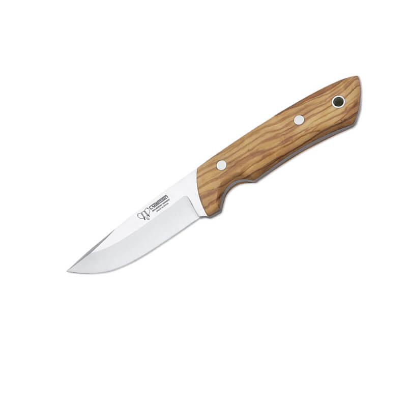 Cuchillo desollador con cachas de madera de olivo. Hoja de acero Molibdeno Vanadio. Funda de cuero marrón.