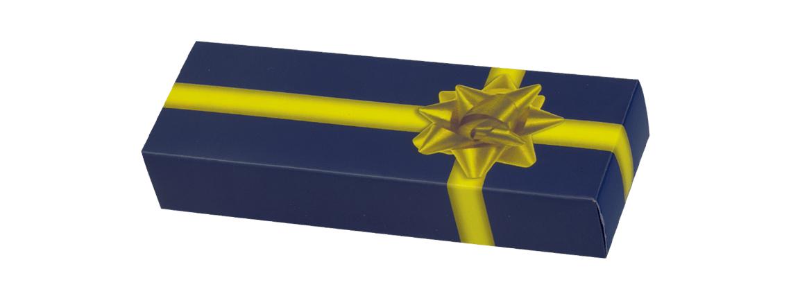 Cajita de presentación de color azul y amarillo