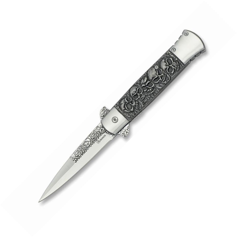Albainox pocket knife with FOS system, steel skull handle and 9.4...