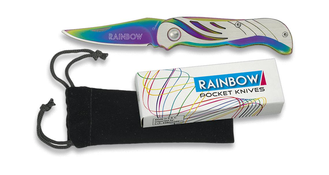 Rainbow fantasy pocket knife with steel handle and 6.4 cm blade