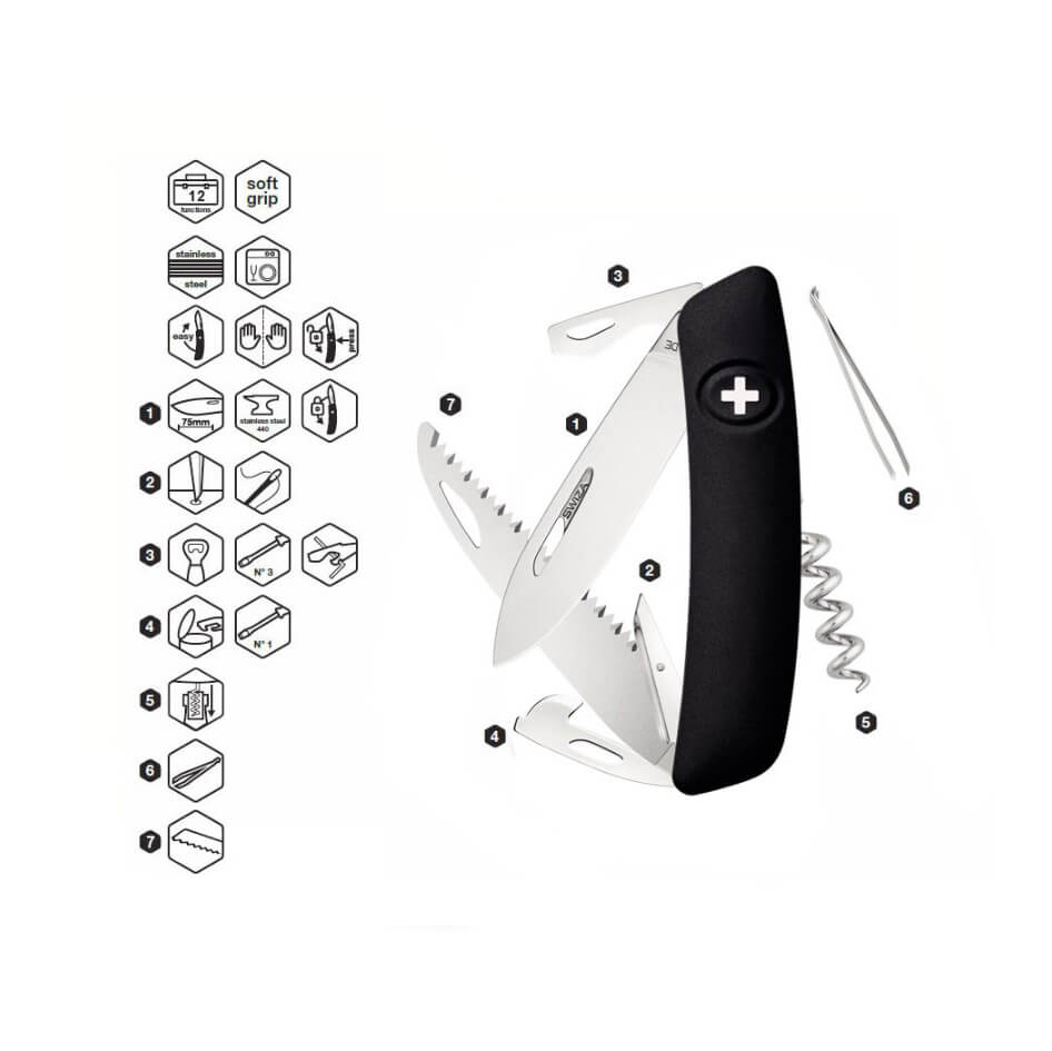 Faca multiuso preta Swiza D05 com 12 funções KNI.0050.1010