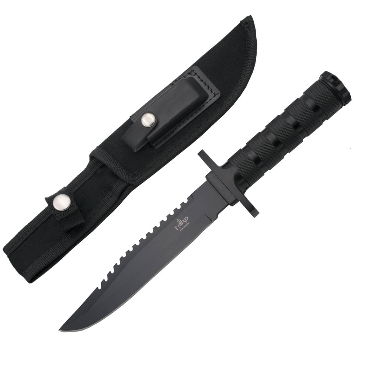 Faca tática preta com acessórios de sobrevivência