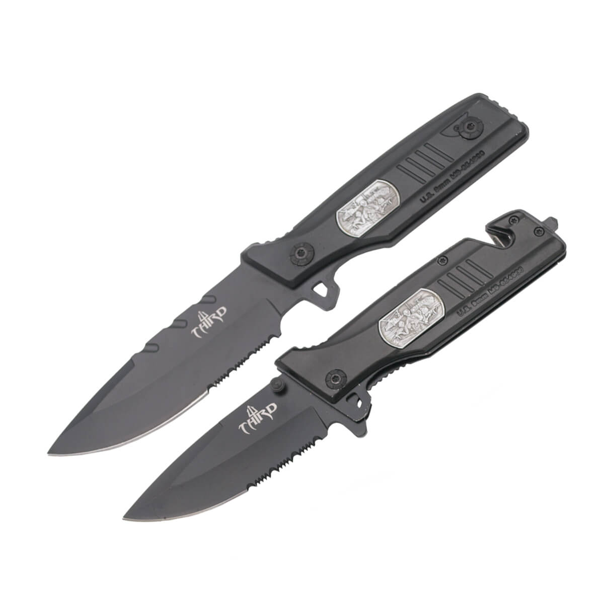 Pack de faca tática e canivete com lâmina semi-serrilhada preta T...