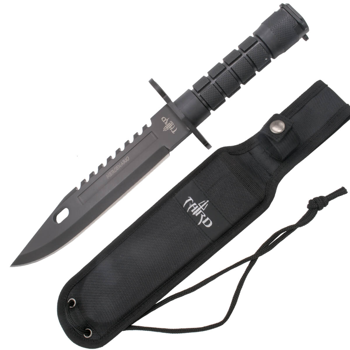 Cuchillo táctico con hoja negra de 19.5 cm y mango de ABS negro