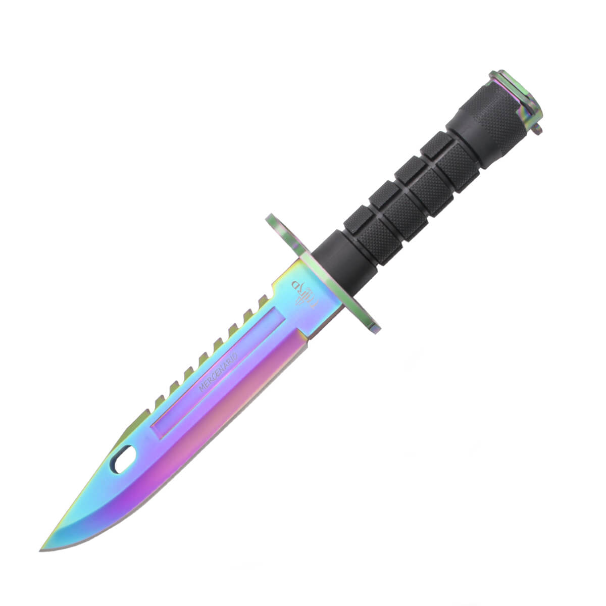 Cuchillo táctico con hoja rainbow de 19.5 cm y mango de ABS negro