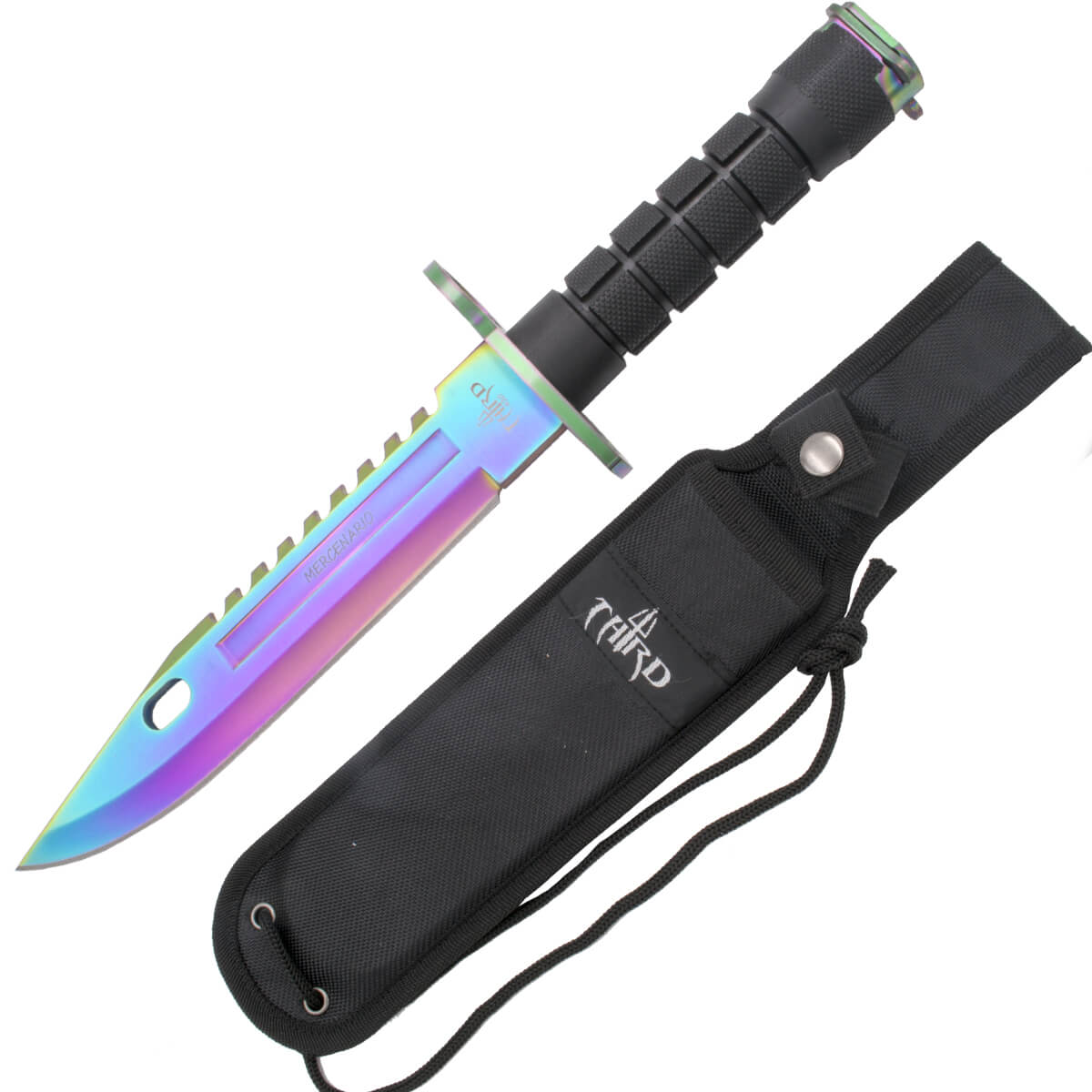 Cuchillo táctico con hoja rainbow de 19.5 cm y mango de ABS negro