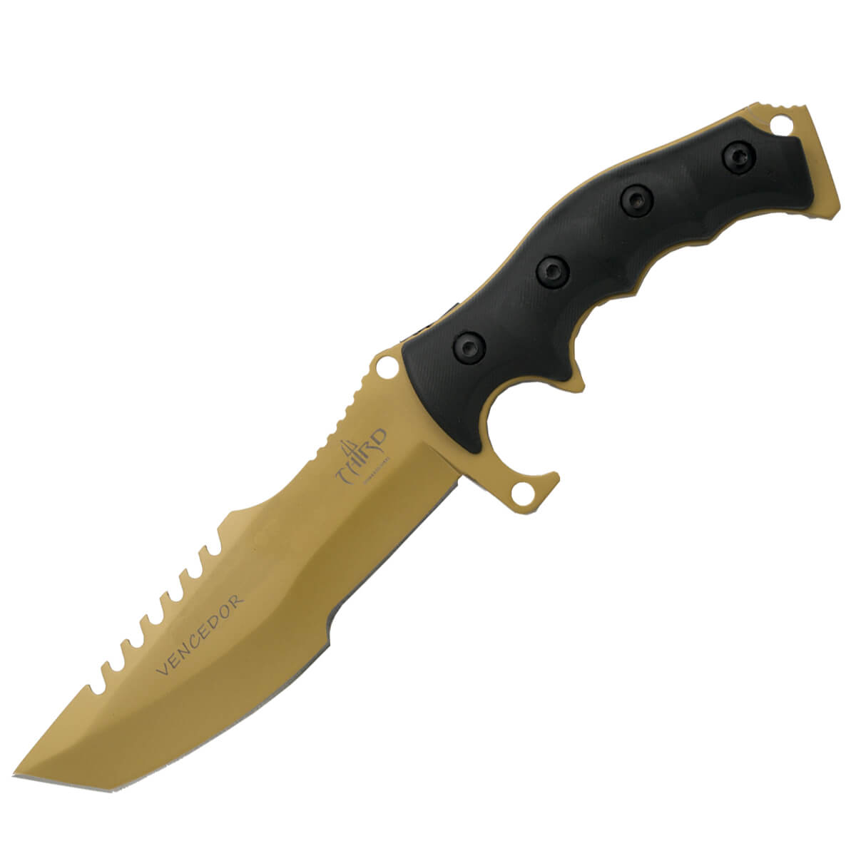 Cuchillo táctico con hoja dorada de 15 cm y mango de G-10 negro