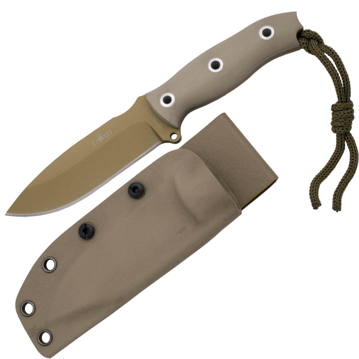 Cuchillo táctico con hoja dorada y mango de G10 color camel