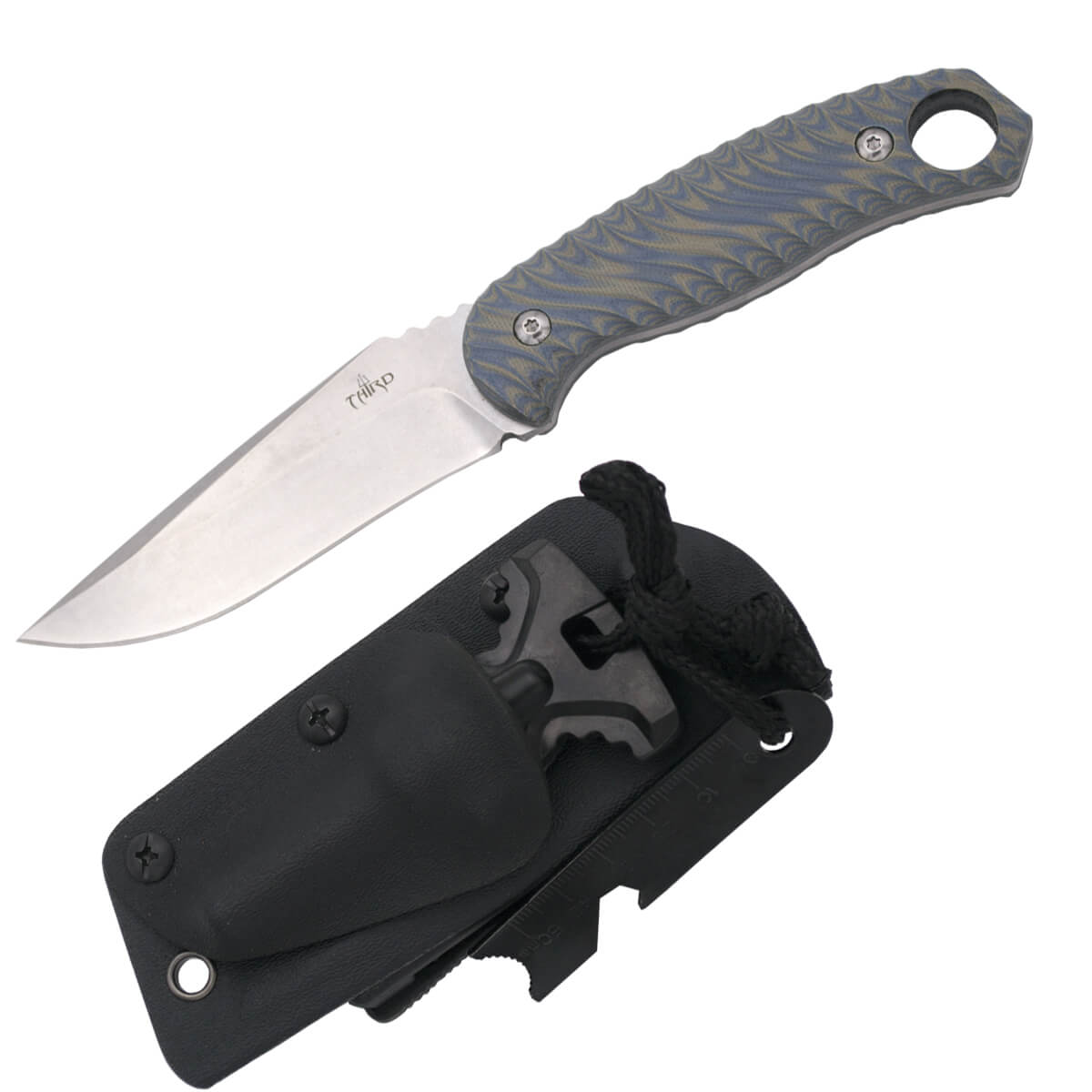 Cuchillo táctico con cachas de G10 bicolor hoja de 11.5 cm y funda kydex