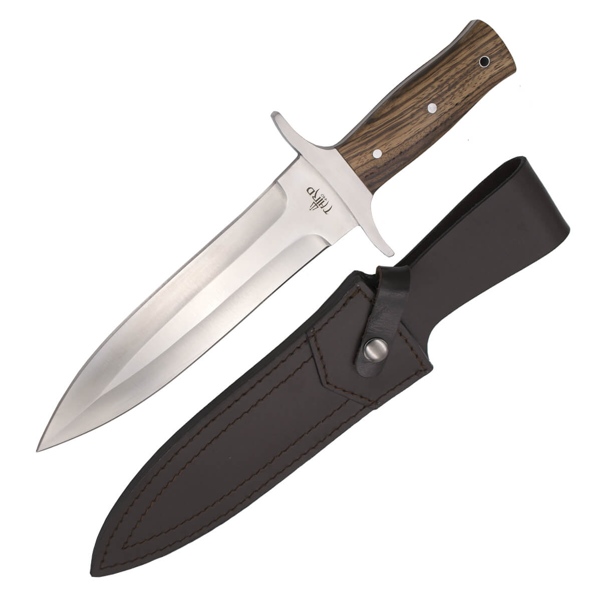 Cuchillo de remate enterizo con hoja de doble filo de 23 cm y mango de zebrano