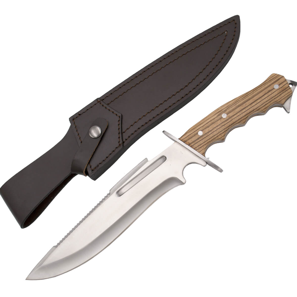 Coltello da caccia con lama in acciaio inox da 23,4 cm e manico in legno di zebrano