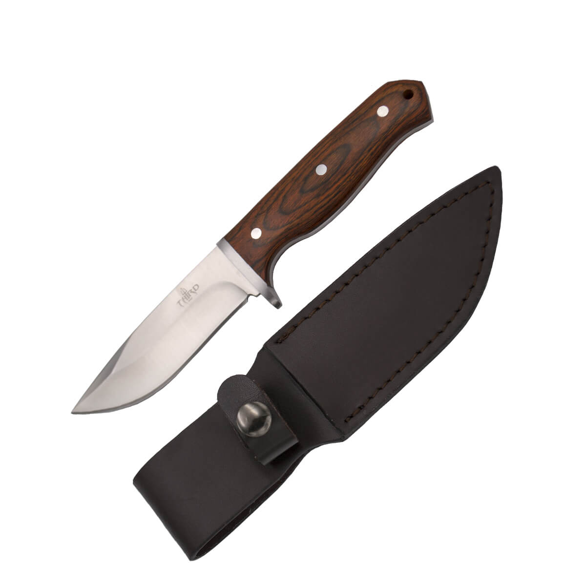 Full tang hunting knife with 10.6 cm blade and wooden handle with stainless steel guard