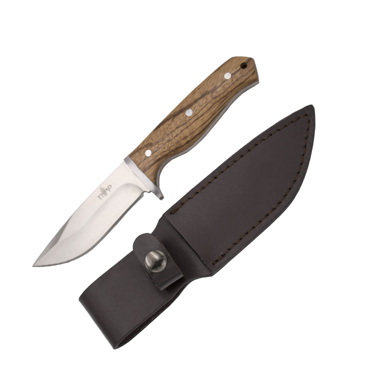 Coltello da caccia monopezzo con lama da 10,6 cm e manico in legno di zebrano con guardia in acciaio inox